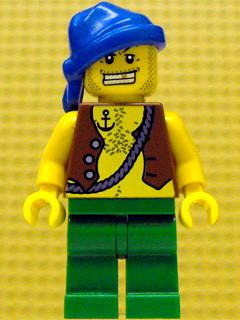 LEGO Minifigure-Pirate Vest and Anchor Tattoo, Green Legs, Blue Bandana, Gold Tooth-Pirates / Pirates II-PI107-Creative Brick Builders